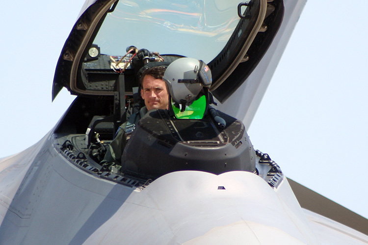 Maj. Paul "Max" Moga, the first F-22A Raptor Demonstration Team pilot, prepares to begin his demonstration at the 2008 Joint Services Open House at Andrews Air Force Base.  � Mike Lynaugh
