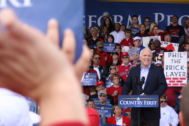 Senator John McCain is cheered during a campaign rally in Woodbridge, Virginia.  � Mike Lynaugh
