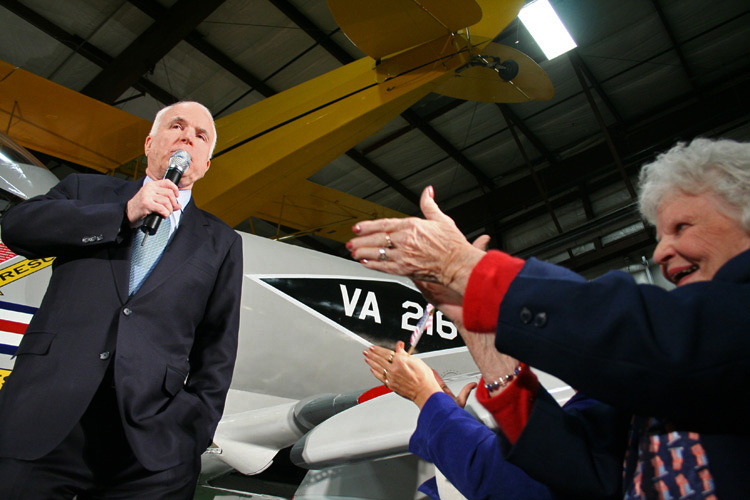 Republican presidential hopeful, Sen. John McCain, R-Ariz., speaks to a crowd gathered in support of his candidacy for president during a rally at the Virginia Aviation Museum in Richmond, Virginia.  � Mike Lynaugh