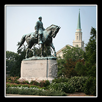 The bronze Robert E Lee statue in Charlottesville, VA.  This monument was scuplted by artists Henry Shrady and Leo Lentelli at the request of the National Sculpture Society and was dedicated on May 21, 1924.  It is interesting to note that the original artist, Henry Shrady passed away while this sculpture was still unfinished, and Leo Lentelli completed it.  � Mike Lynaugh Photography