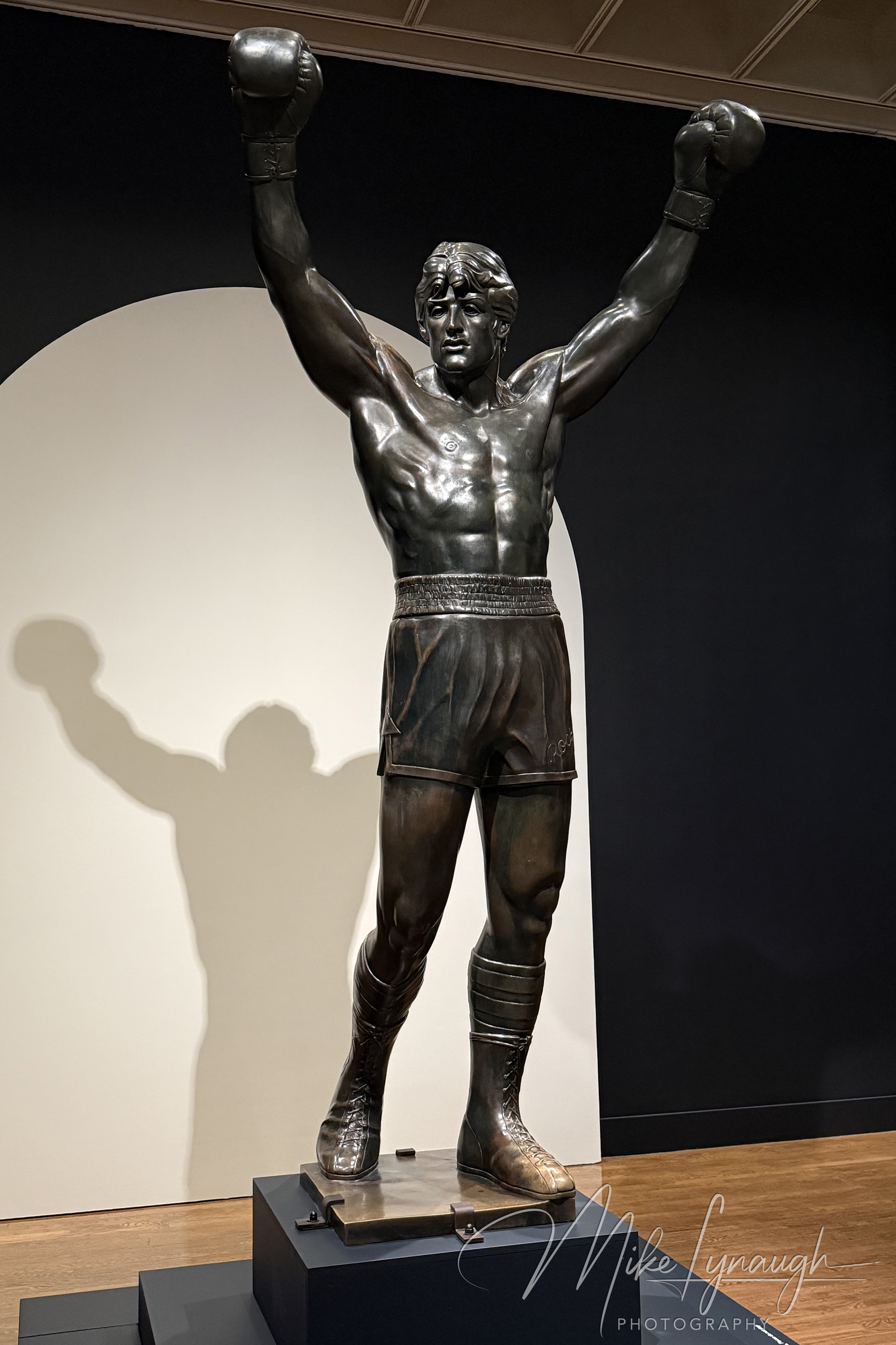 Rocky Statue — Rising Up Exhibition. Sylvester Stallone's personal Rocky Statue on display inside the Philadelphia Museum of Art for the first time ever in the special exhibit "Rising Up".