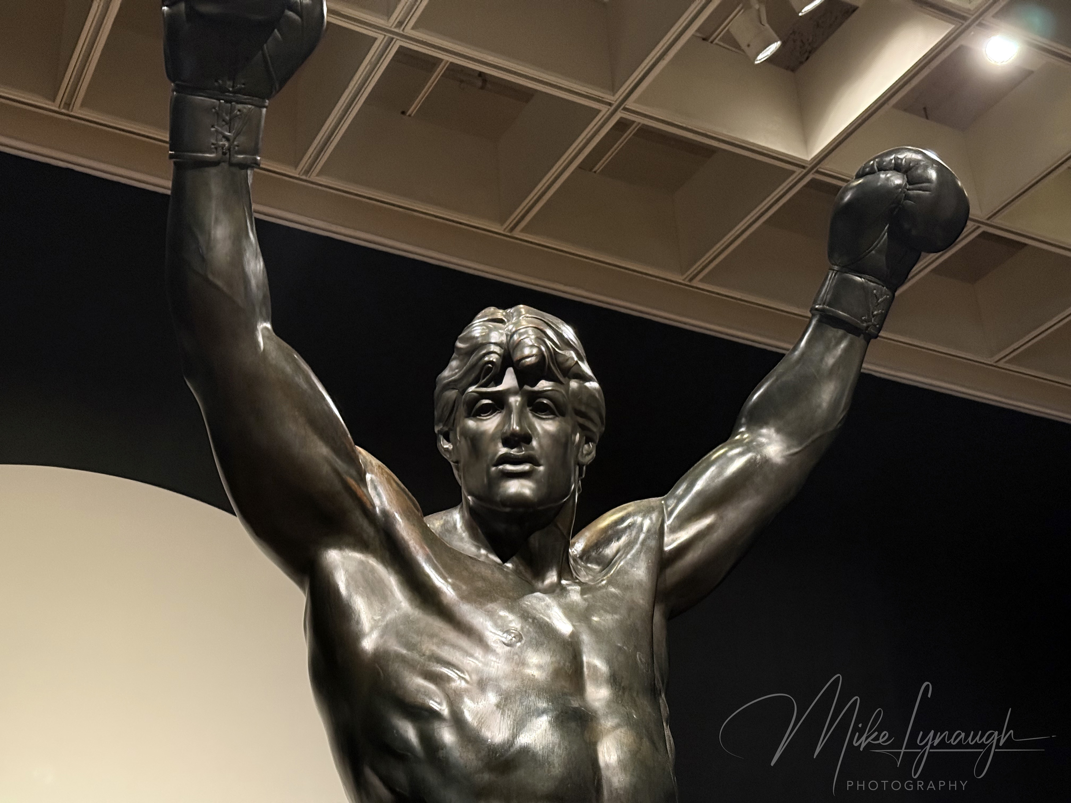 Rocky Statue — Rising Up Exhibition. Sylvester Stallone's personal Rocky Statue on display inside the Philadelphia Museum of Art for the first time ever in the special exhibit "Rising Up".
