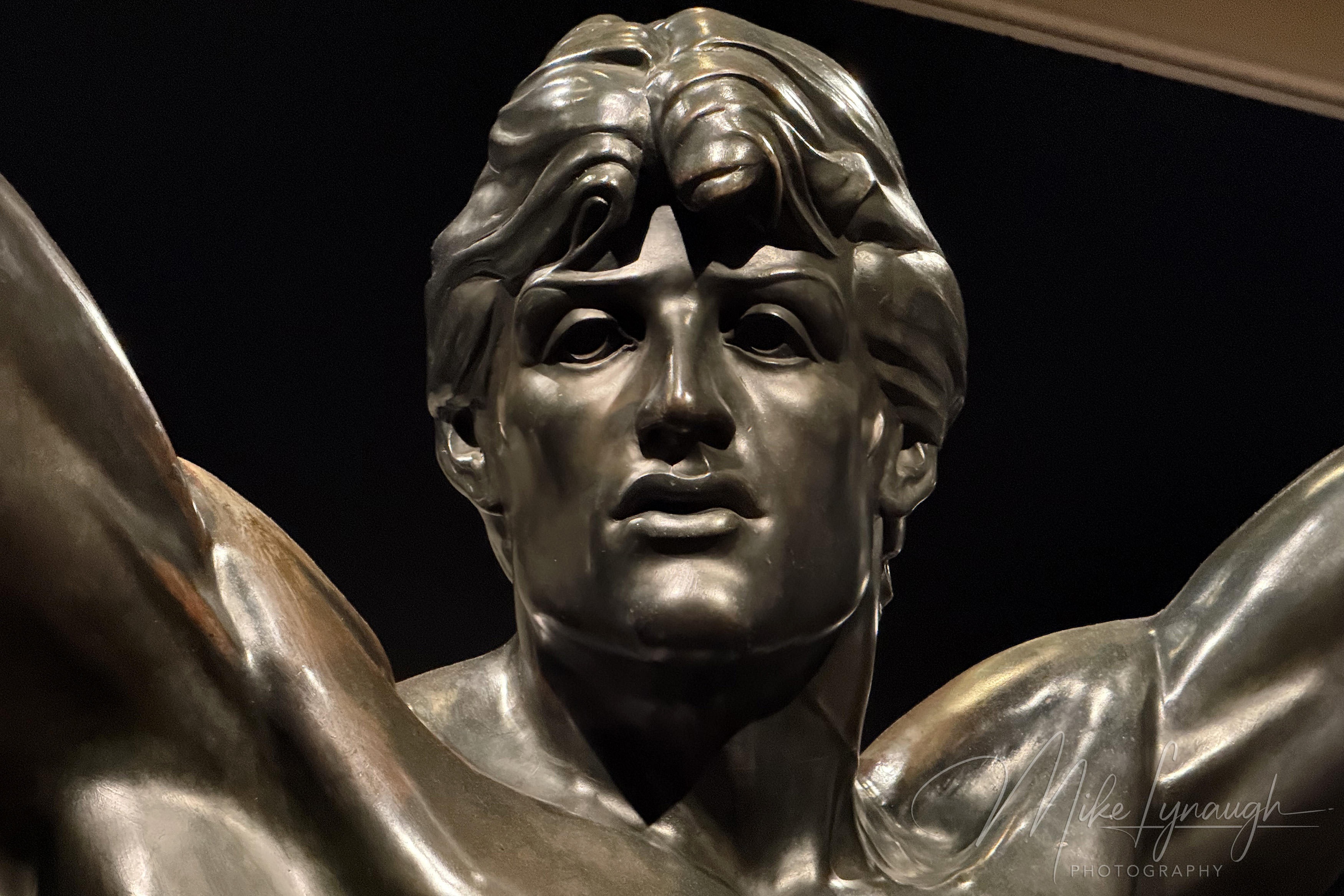 Rocky Statue — Rising Up Exhibition. A close-up view of Sylvester Stallone's personal Rocky Statue on display inside the Philadelphia Museum of Art for the first time ever in the special exhibit "Rising Up".