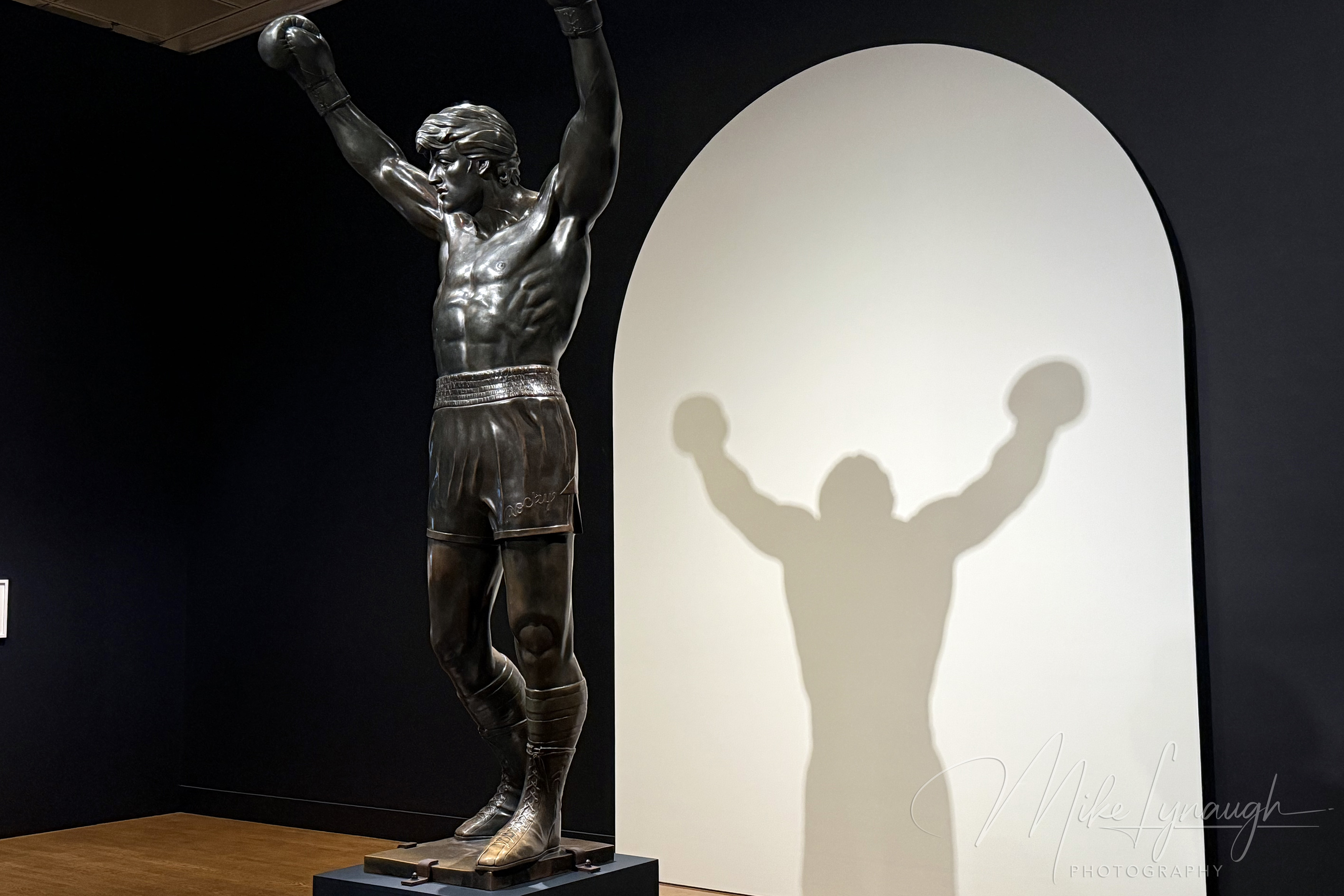 Rocky Statue — Rising Up Exhibition. Sylvester Stallone's personal Rocky Statue on display inside the Philadelphia Museum of Art for the first time ever in the special exhibit "Rising Up".