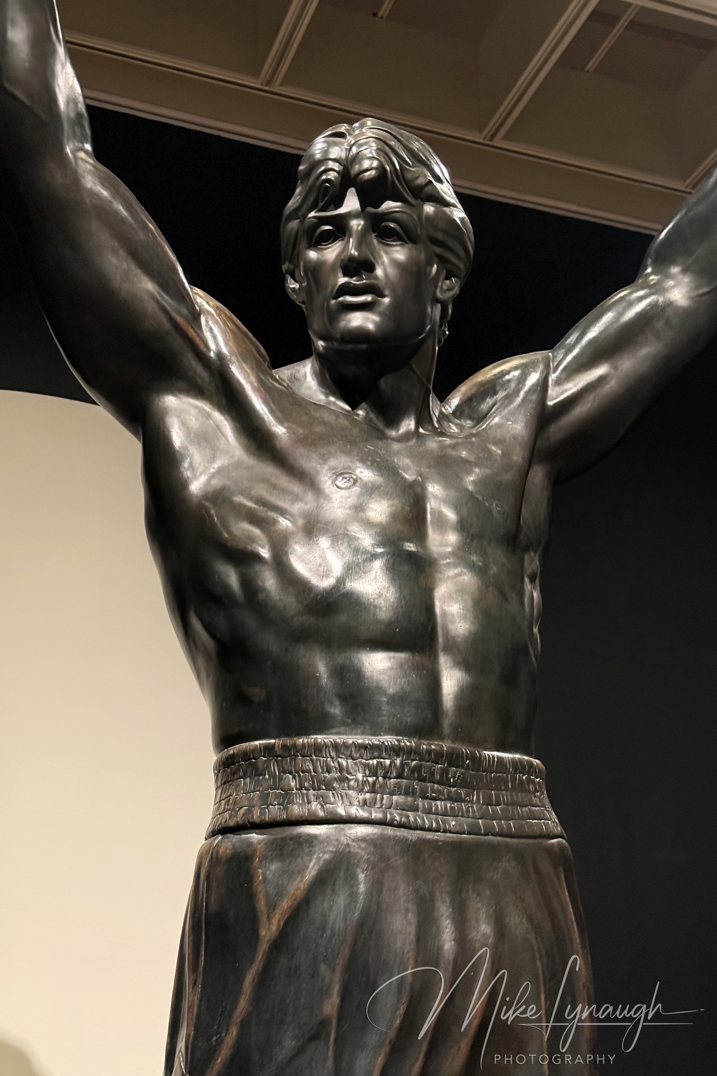 Rocky Statue — Rising Up Exhibition. Sylvester Stallone's personal Rocky Statue on display inside the Philadelphia Museum of Art for the first time ever in the special exhibit "Rising Up".