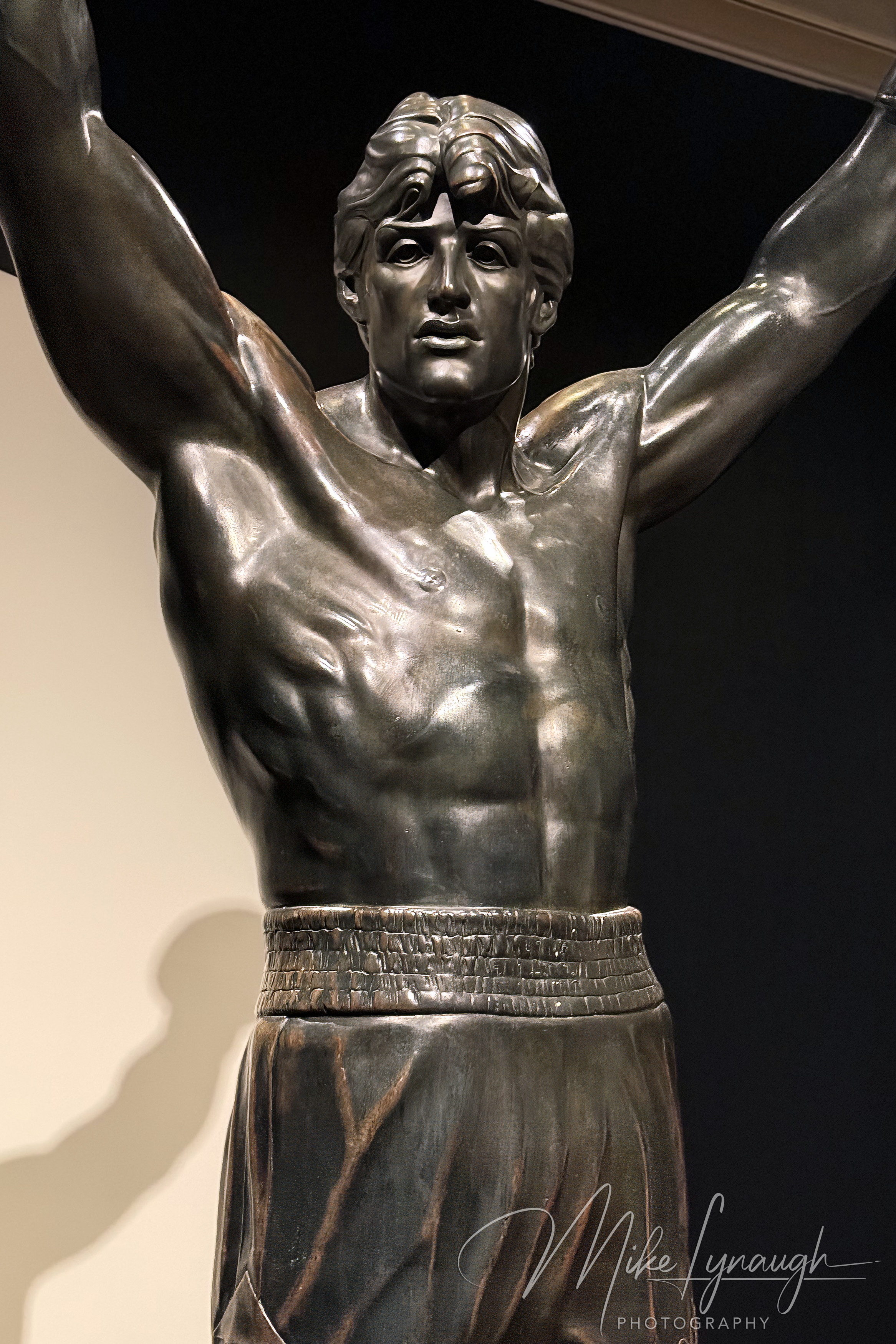 Rocky Statue — Rising Up Exhibition. Sylvester Stallone's personal Rocky Statue on display inside the Philadelphia Museum of Art for the first time ever in the special exhibit "Rising Up".