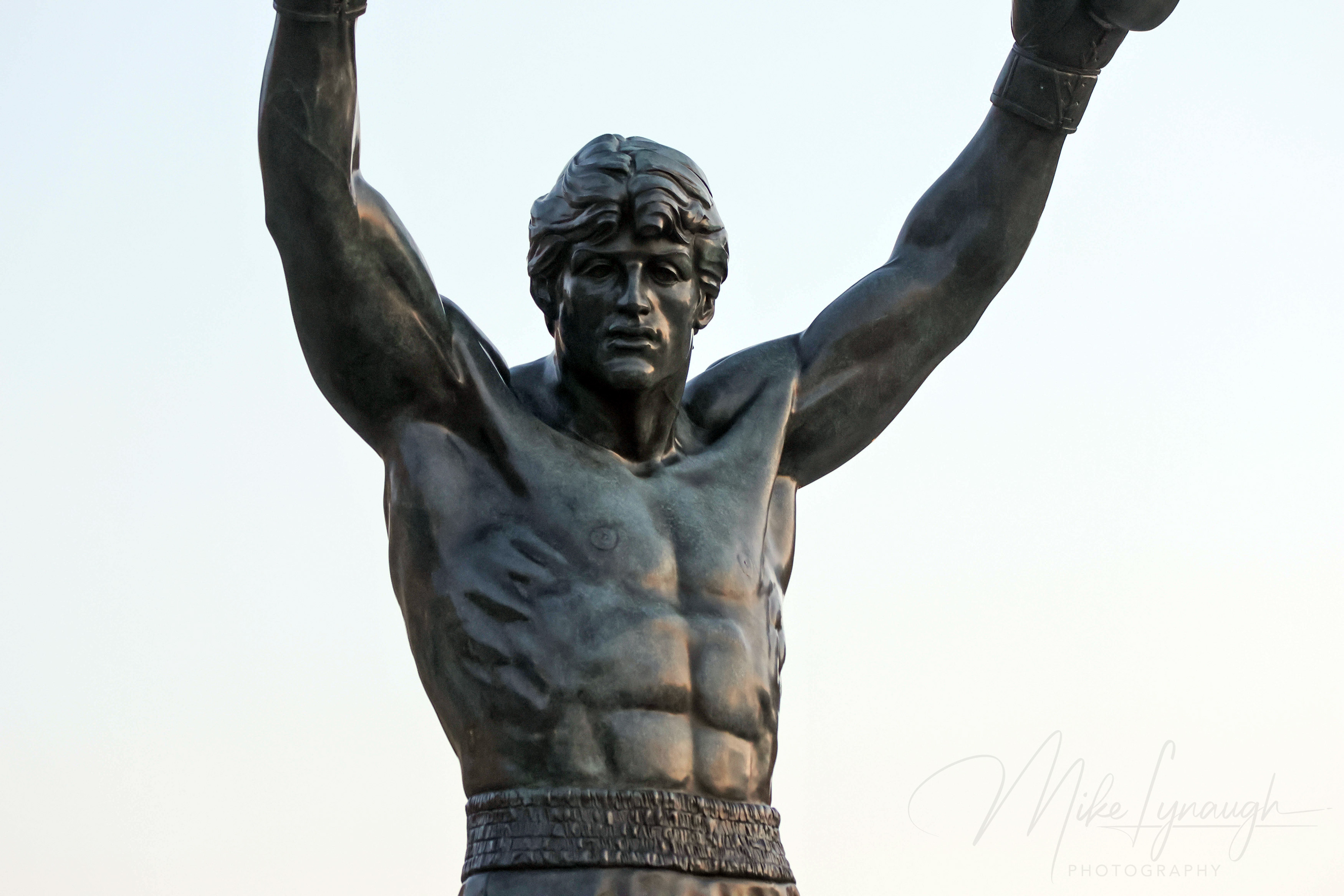 Rocky Statue — Close up detailed view. The morning light exposes the beautiful details of Sylvester Stallone's personal Rocky Statue.