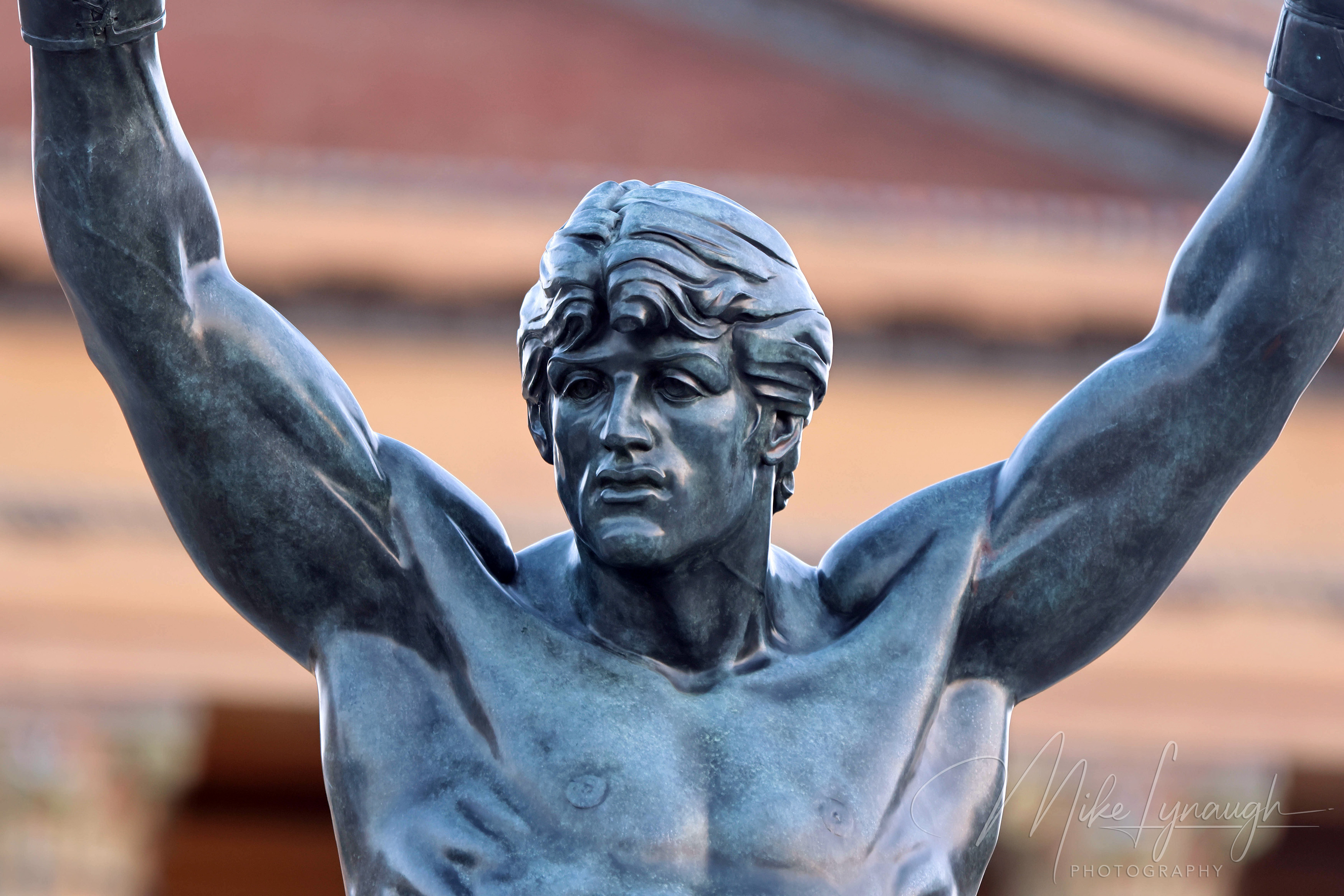 Rocky Statue — Close up detailed view. A close up photo of the Rocky statue photographed in front of the main entrance to the Philadelphia Museum of Art at the top of the iconic Rocky Steps.