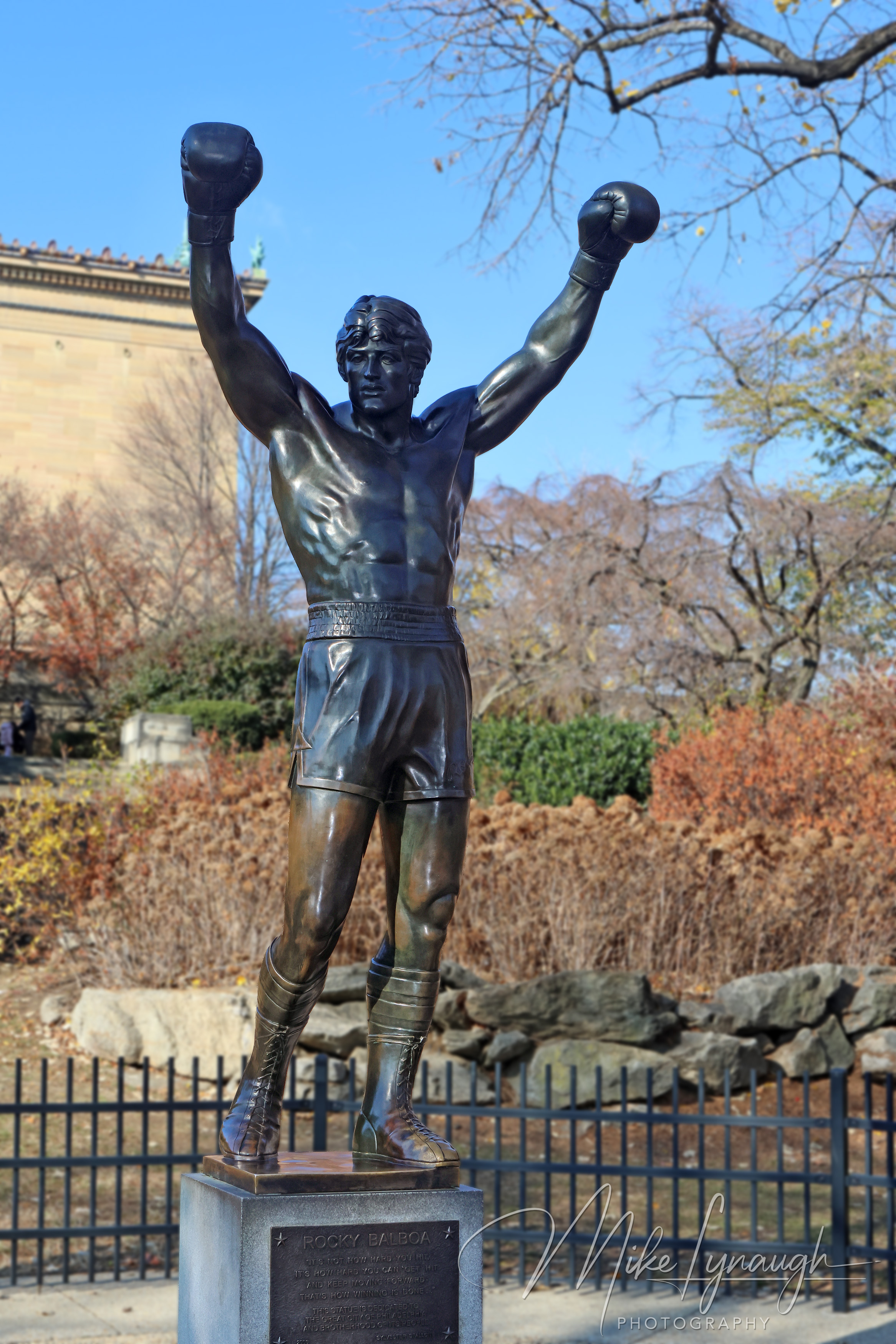A full view of the original Rocky Statue that was featured in Rocky III on display at the bottom of the iconic Rocky Steps.