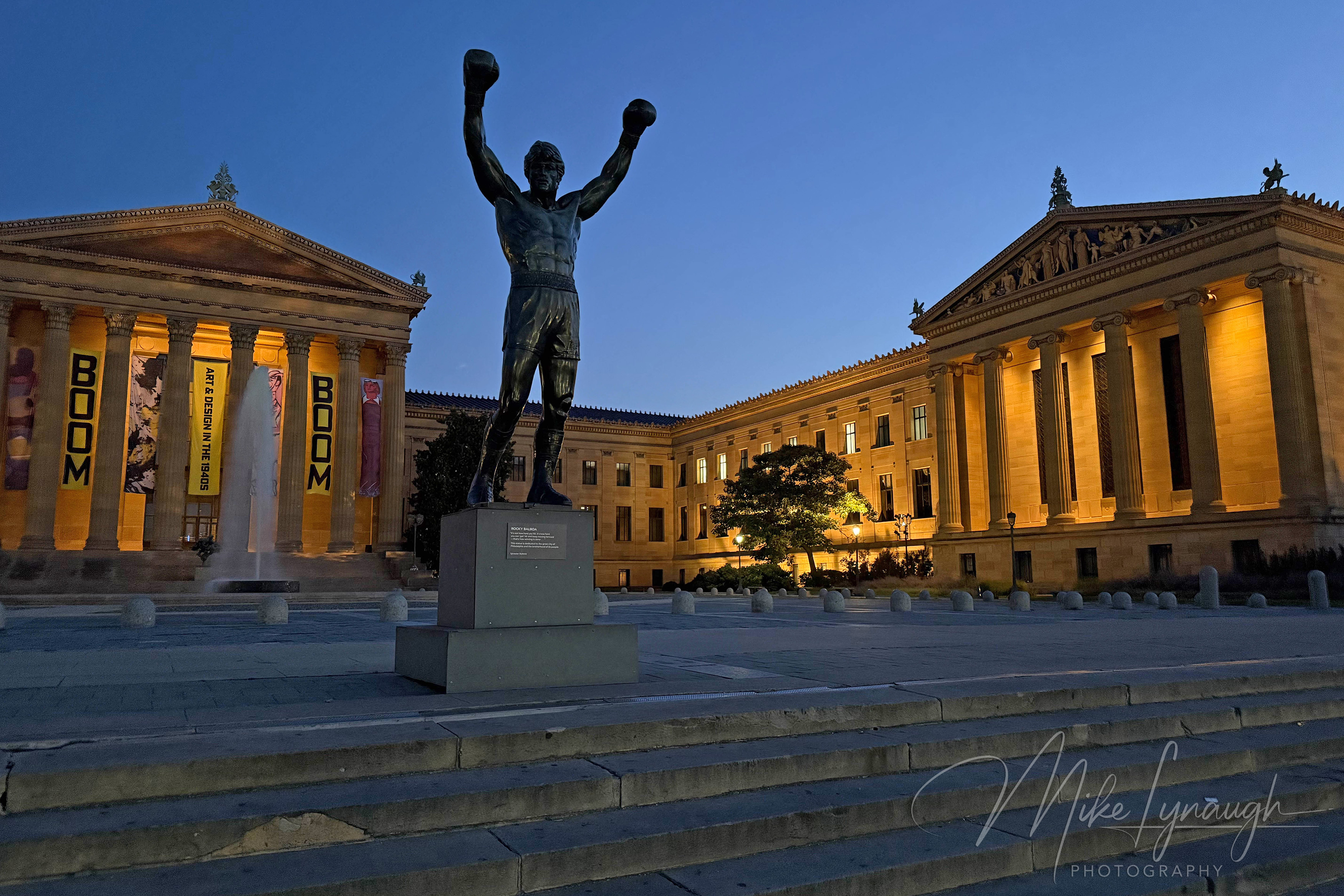 Rocky Statue — At the top of the Rocky Steps. Sylvester Stallone's personal Rocky Statue sits atop of the iconic Rocky Steps as the first rays of morning light begin to illuminate the statue and Philadelphia Museum of.