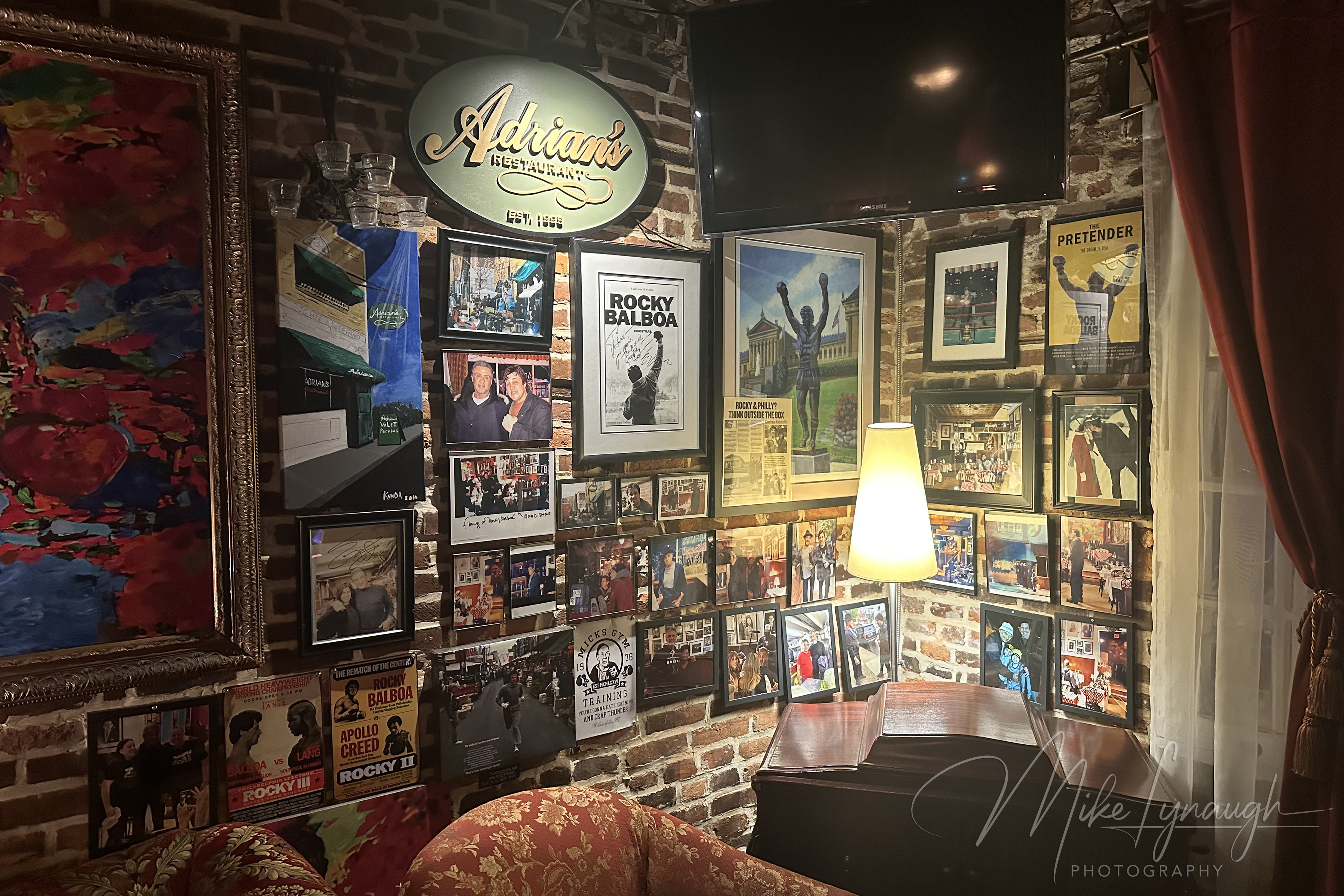 the some the Rocky and Creed memorabilia on display upstairs at The Victor Cafe in South Philadelphia.