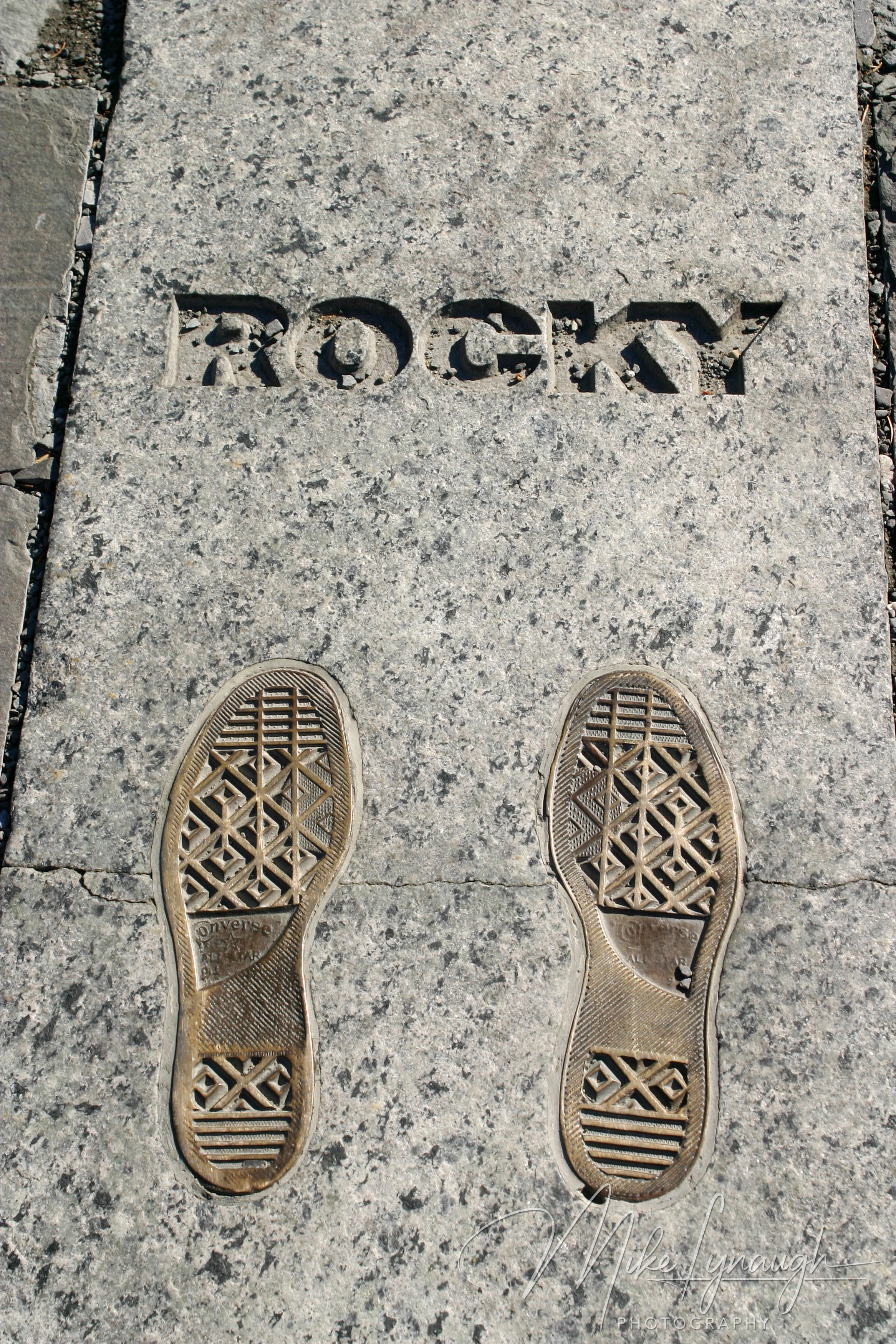 Rocky Filming Location — Rocky Steps. Markings showing where Sylvester Stallone stood at the top of the famous Rocky Steps at the Philadelphia Museum of Art in Philadelphia.