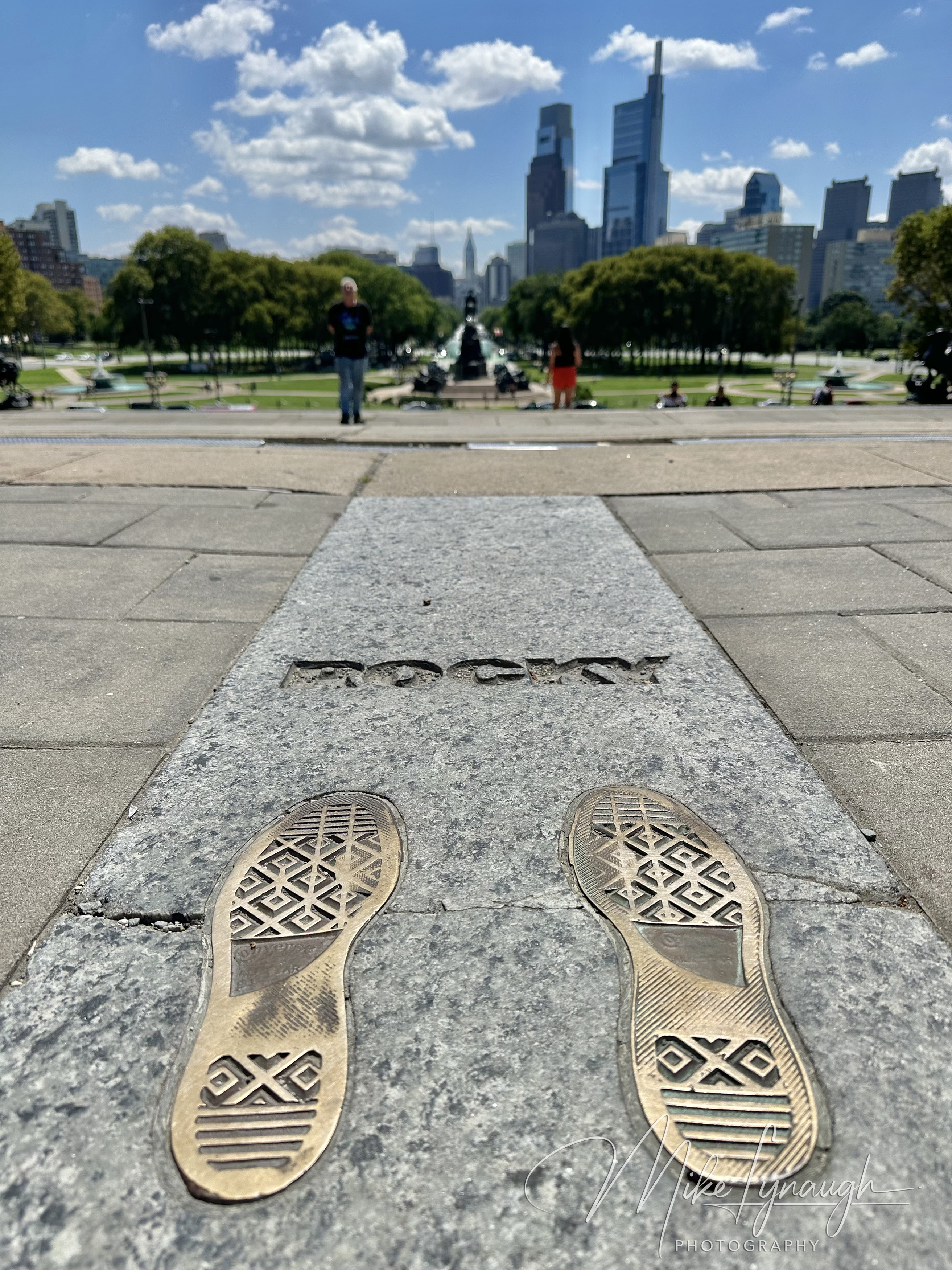 Rocky Filming Location — Rocky Steps. Markings showing where Sylvester Stallone stood at the top of the famous Rocky Steps at the Philadelphia Museum of Art in Philadelphia.