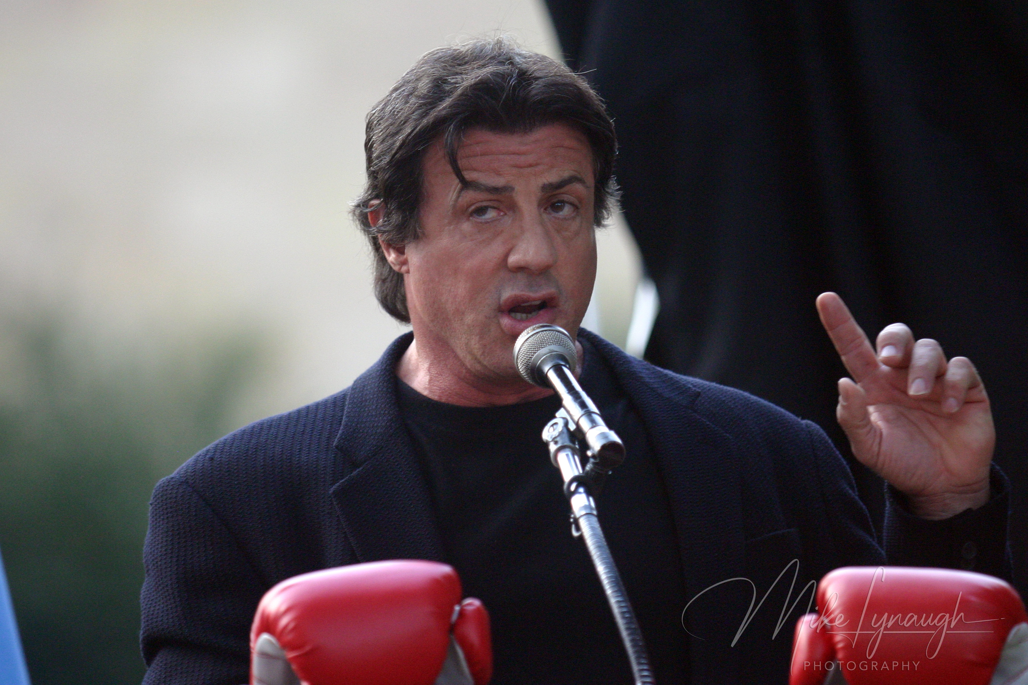 Sylvester Stallone gives a speech during the rededication of the Rocky Statue at the base of the Rocky Steps at the Philadelphia Museum of Art.