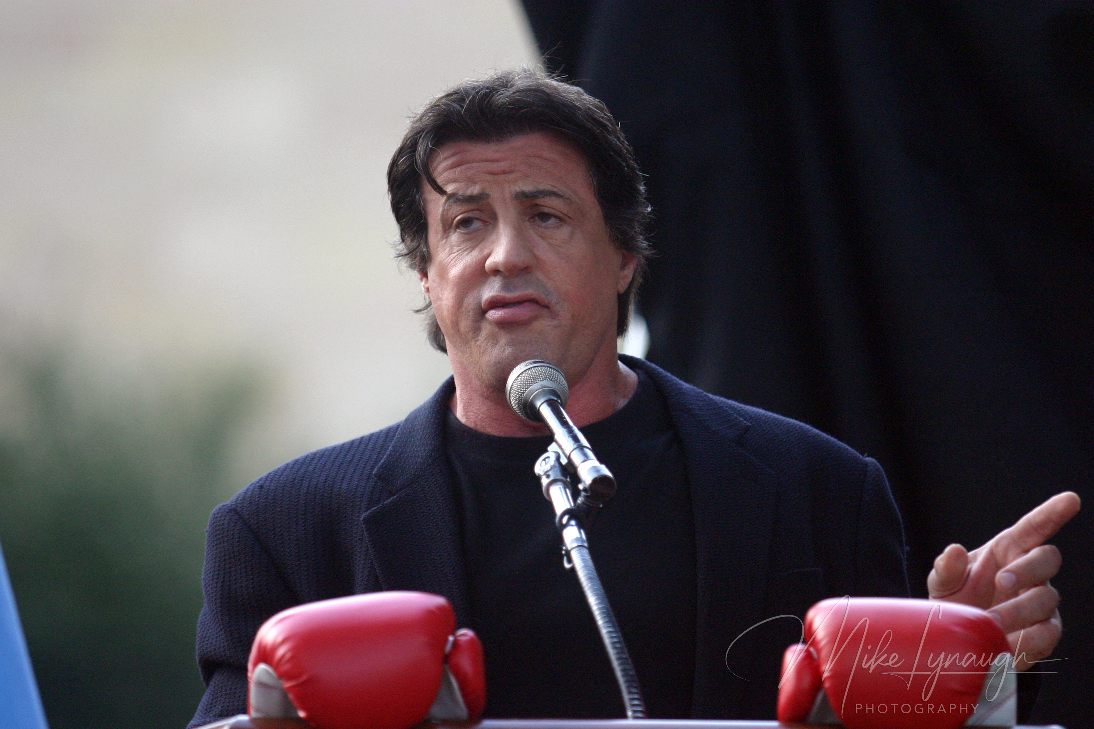 Sylvester Stallone gives a speech during the rededication of the Rocky Statue at the base of the Rocky Steps at the Philadelphia Museum of Art.