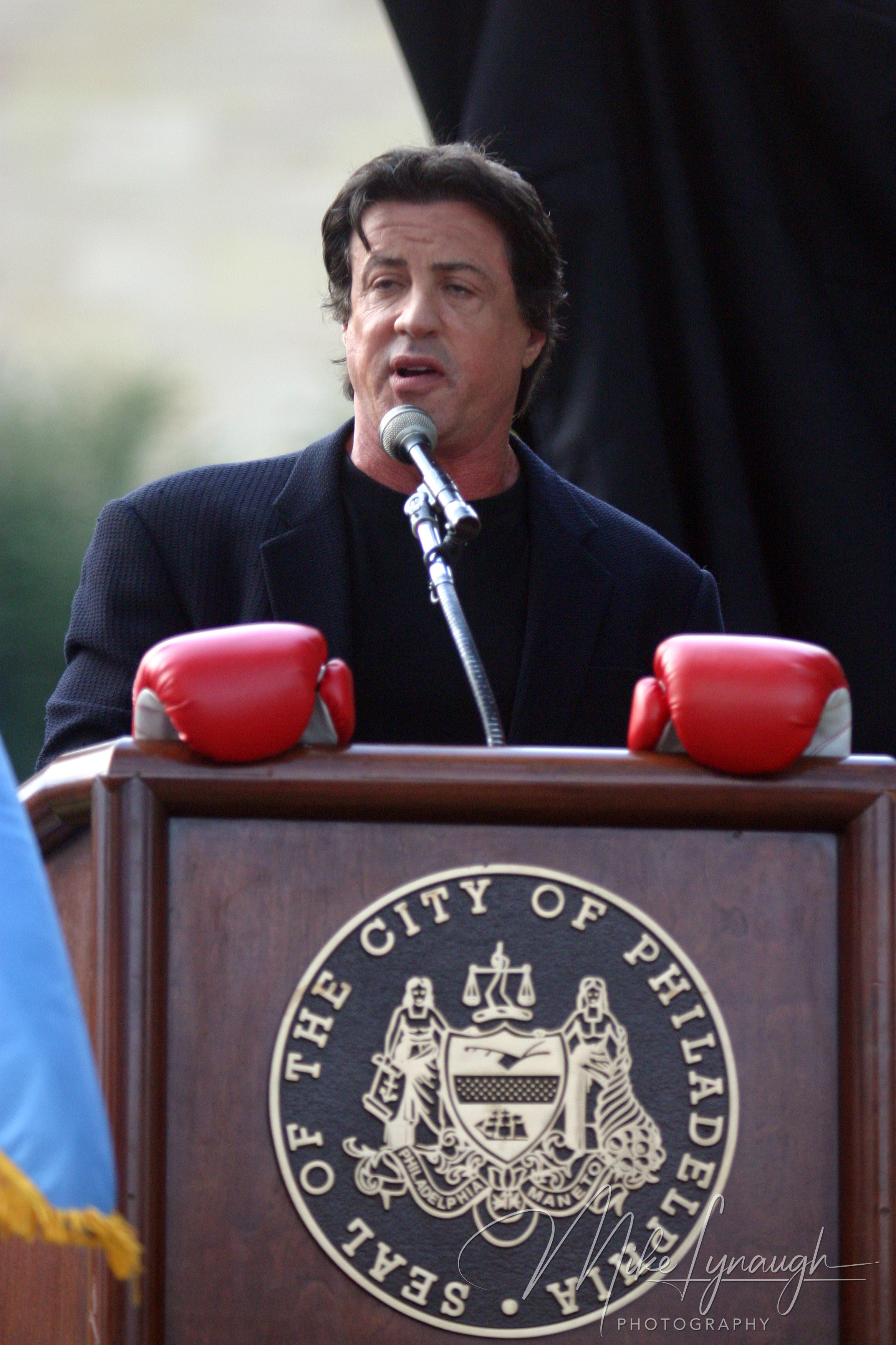 Sylvester Stallone gives a speech during the rededication of the Rocky Statue at the base of the Rocky Steps at the Philadelphia Museum of Art.