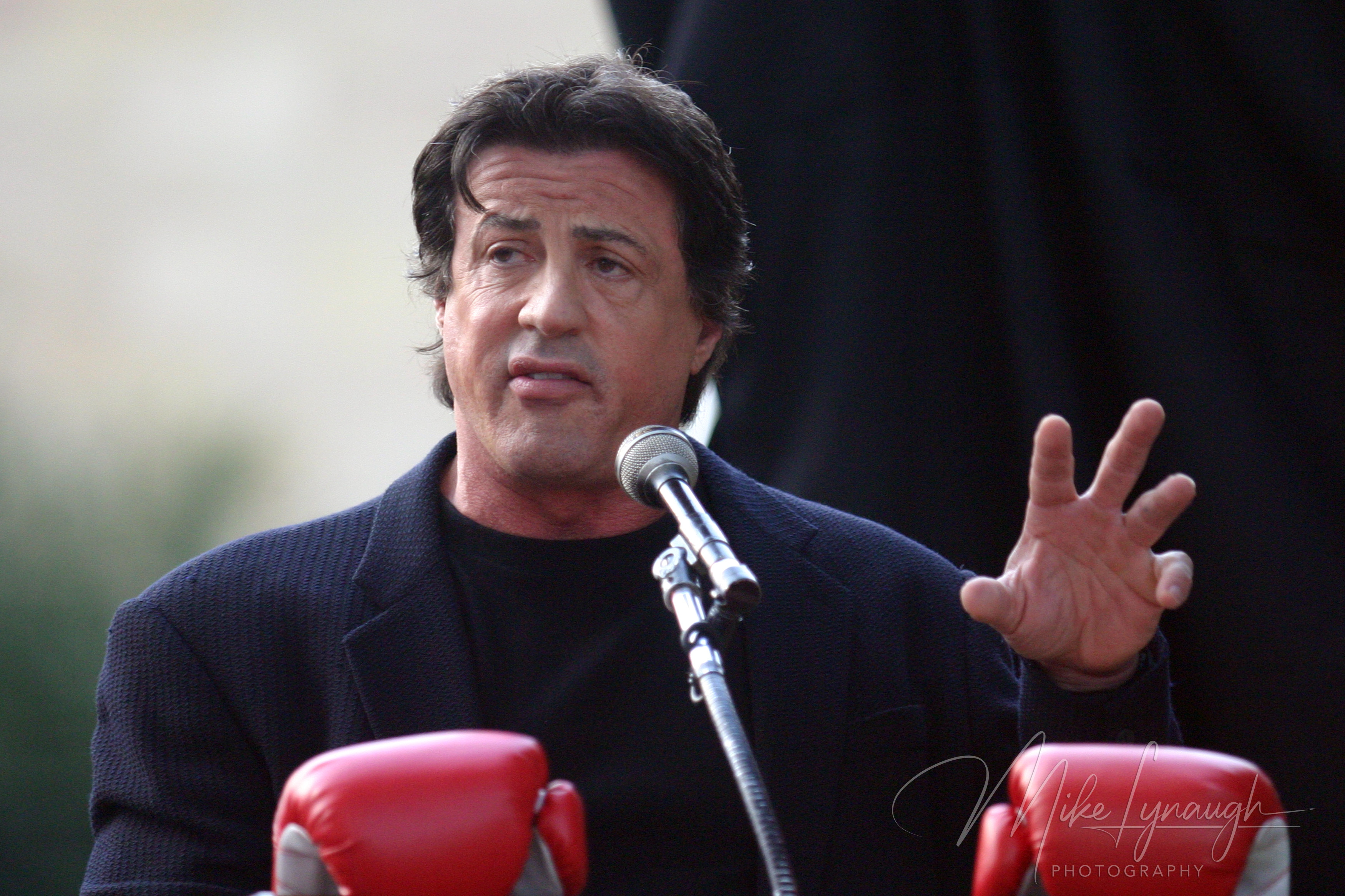 Sylvester Stallone gives a speech during the rededication of the Rocky Statue at the base of the Rocky Steps at the Philadelphia Museum of Art.