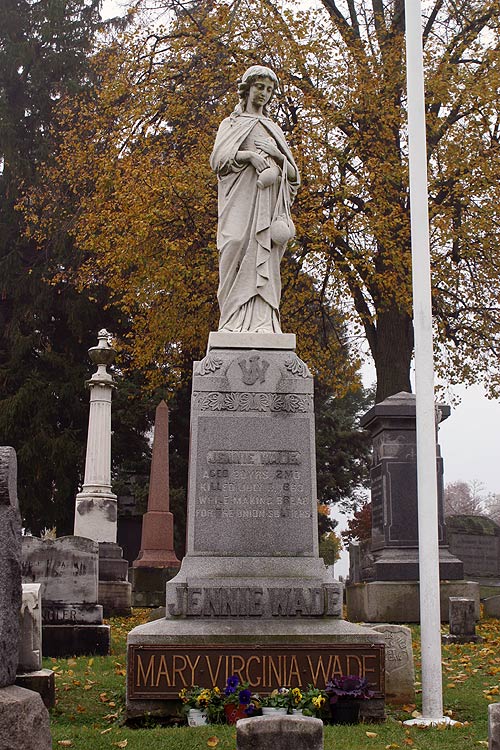 The Jennie Wade gravesite at Evergreen Cemetery.  Did you know that Miss Wade is one of only two women buried in the United States to have an American flag flown over her gravesite 24 hours a day?  The other woman is Betsy Ross.  � Mike Lynaugh