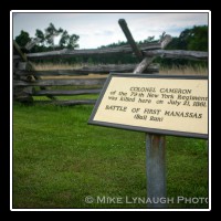 A marker showing where Colonel Cameron of the 79th New York Regiment was killed on July 21, 1861 during the first Battle of Manassas.  � Mike Lynaugh Photography