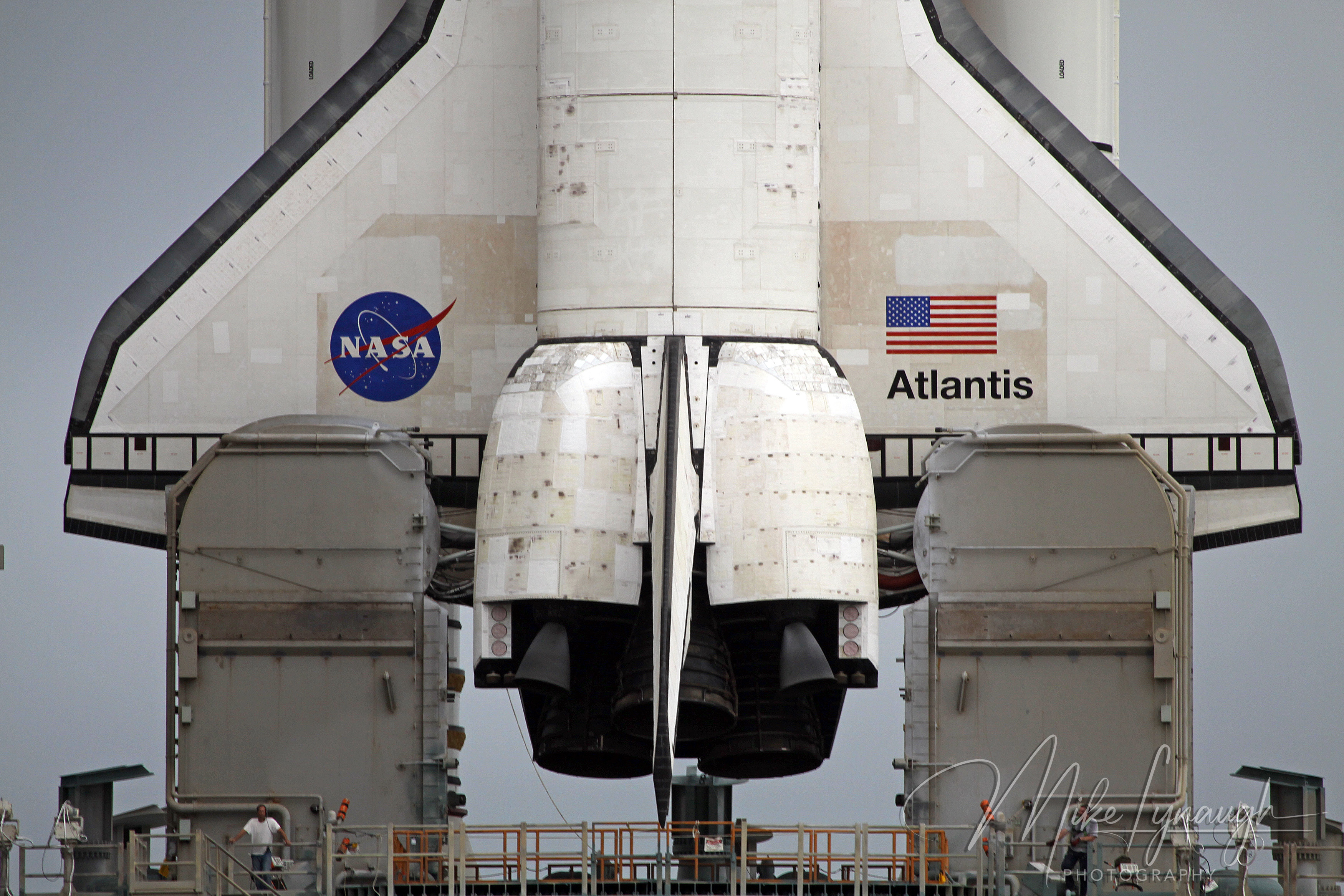 A tight telephoto detail shot of the aft section of Space Shuttle Atlantis (OV-104) sitting on the Mobile Launcher Platform at Launch Pad 39A on July 7, 2011.